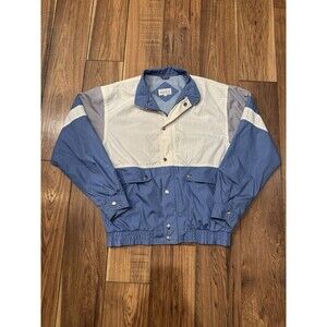Vintage 80s 90s Jacket Mens M White Blue Grey Button Zipper Stripes Abstract Art